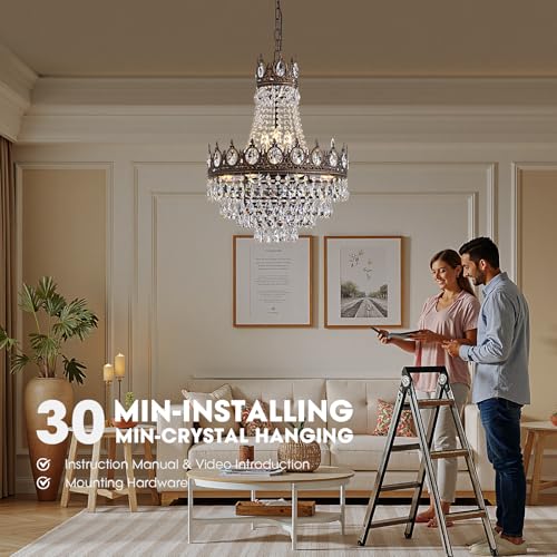 Vintage Crystal Chandeliers for Dining Room Light Fixture (D19"H25.6"- Antique Bronze)