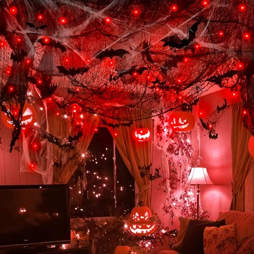 Halloween Spider Web Decorations with 32FT String Lights (Red Light)