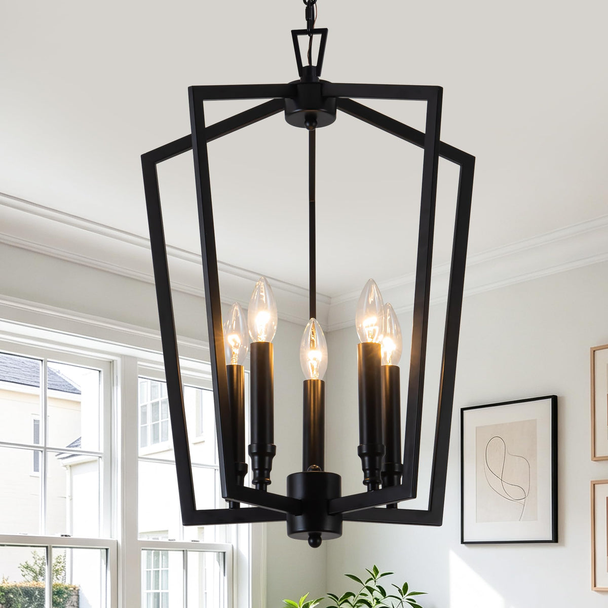 Modern Black Lantern Chandelier for Foyer Entryway Dining Room (Black D16.5 Inch)