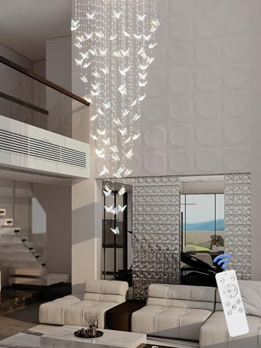 H102 High Ceiling Chandelier Modern Crystal Chandeliers Lighting Raindrop Large Chandelier for Staircase Foyer Entryway Living Room Dimmable 3000 (Silver / Dia 32")