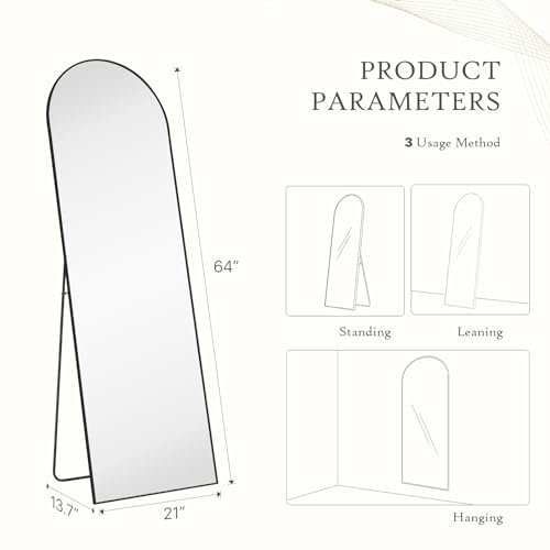 Arched Full Length Floor Mirror (Gold-arched / 64"L x 21"W)