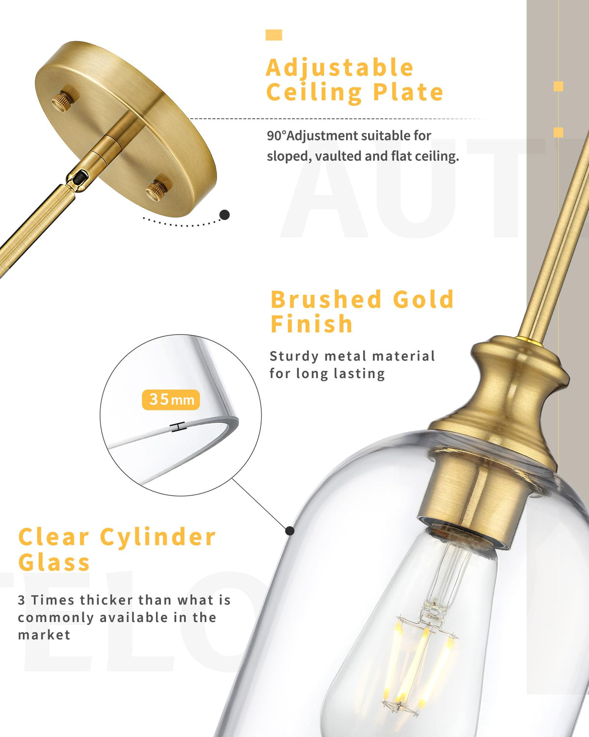 Modern Gold Pendant Lights Kitchen Island Cylinder Glass (1 Pack-Brushed Gold+Clear Glass(Easy to install))