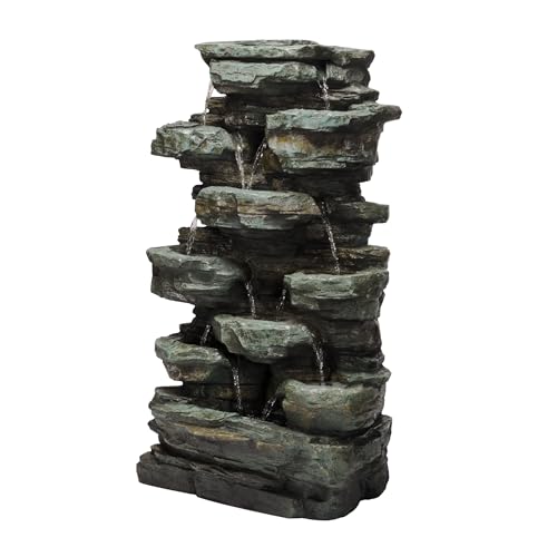 WIN930 Outdoor Multitiered Cascading Rock Garden Water Floor Fountain with LED Lights (39" H - 89 Cool White Leds)