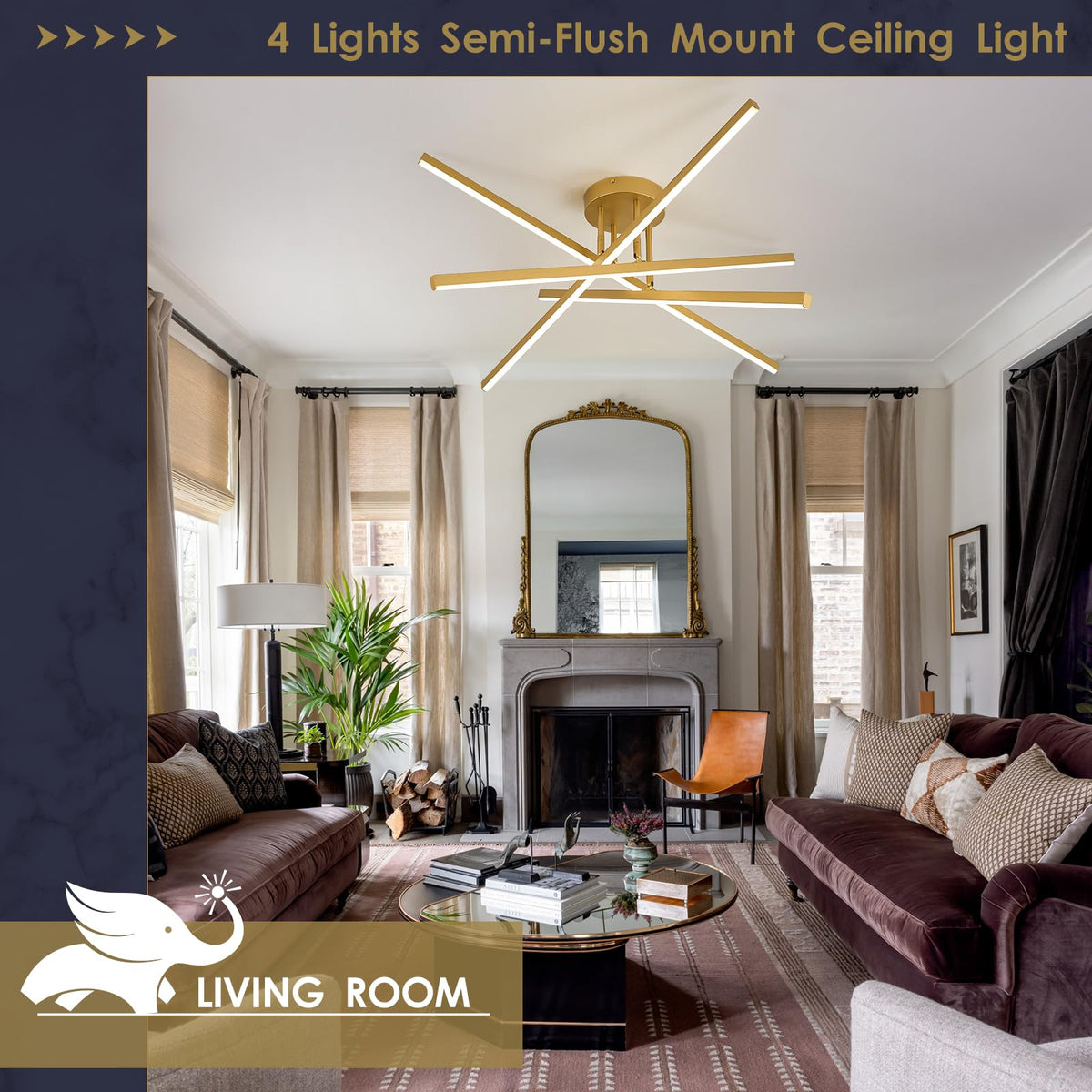 Gold Semi flush Mount Ceiling Light 31.5" LED Chandelier for Living Room (Gold-A / 4 Lights - Remote Control - 31.5")