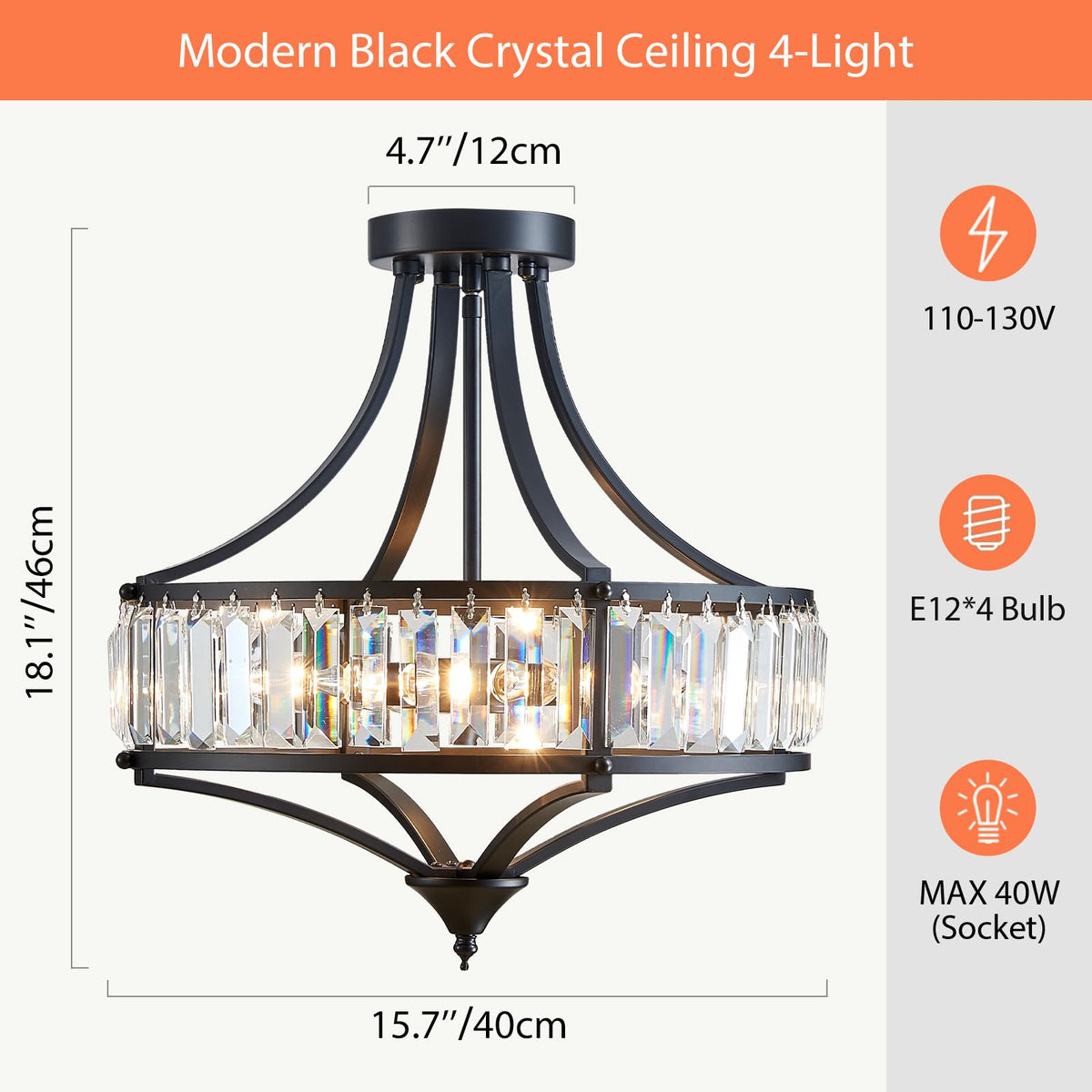 Black Crystal Chandelier Semi Flush Mount Ceiling Light Fixture Round Rustic Farmhouse 4 (Ceiling Light-Black)