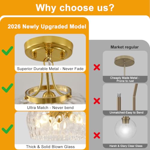 Modern Pendant Lights Kitchen Island (3-Light-Brushed Gold-Clear Hammered Glass-14.2"(Easy To Install))