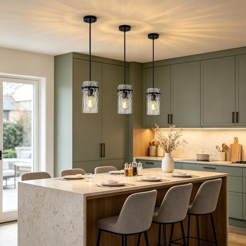 Farmhouse Black Hammered Glass Pendant Lights for Kitchen Dining Room Foyer (Black-2 Pack)