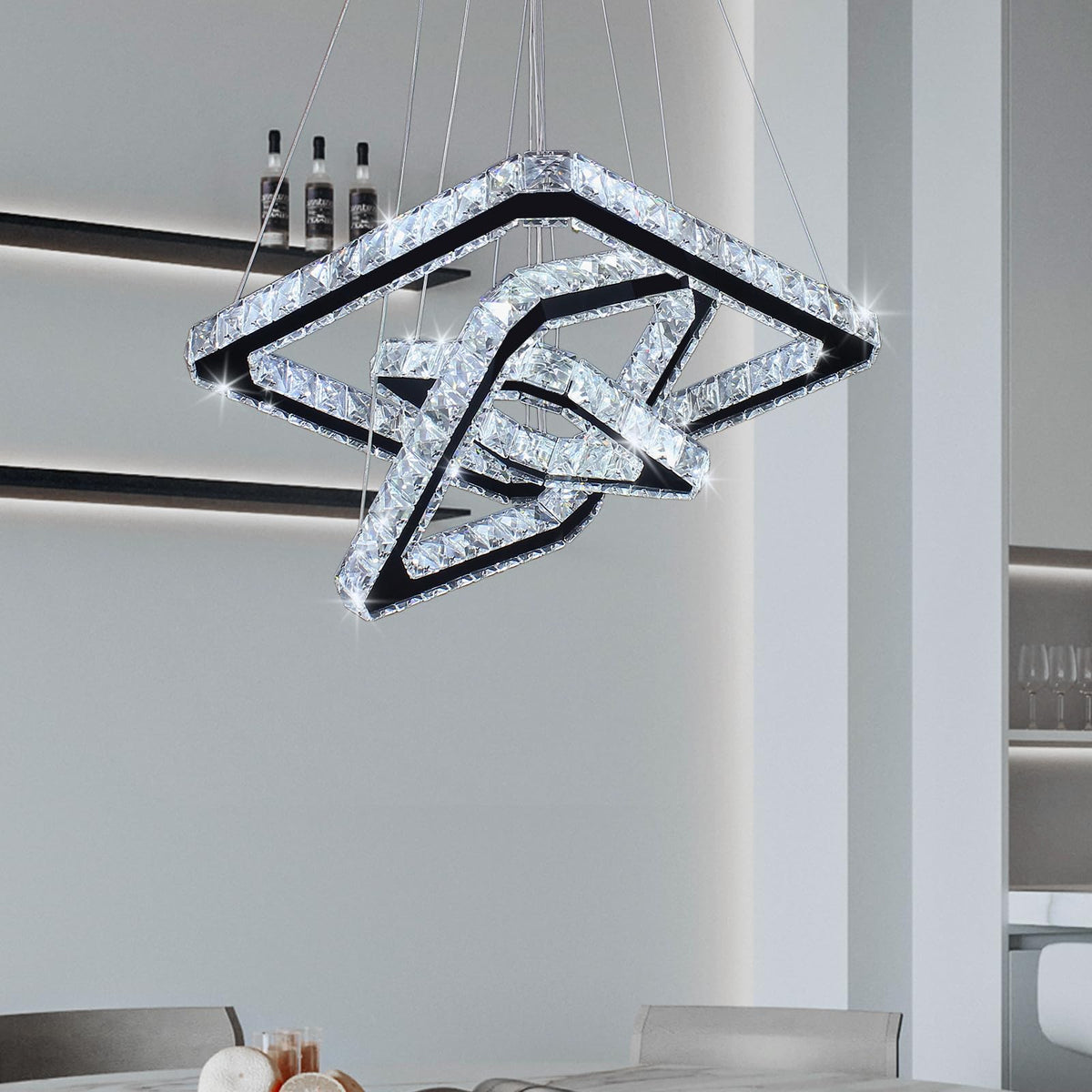 Square 3 Ring Crystal Chandelier Adjustable Height Cool White