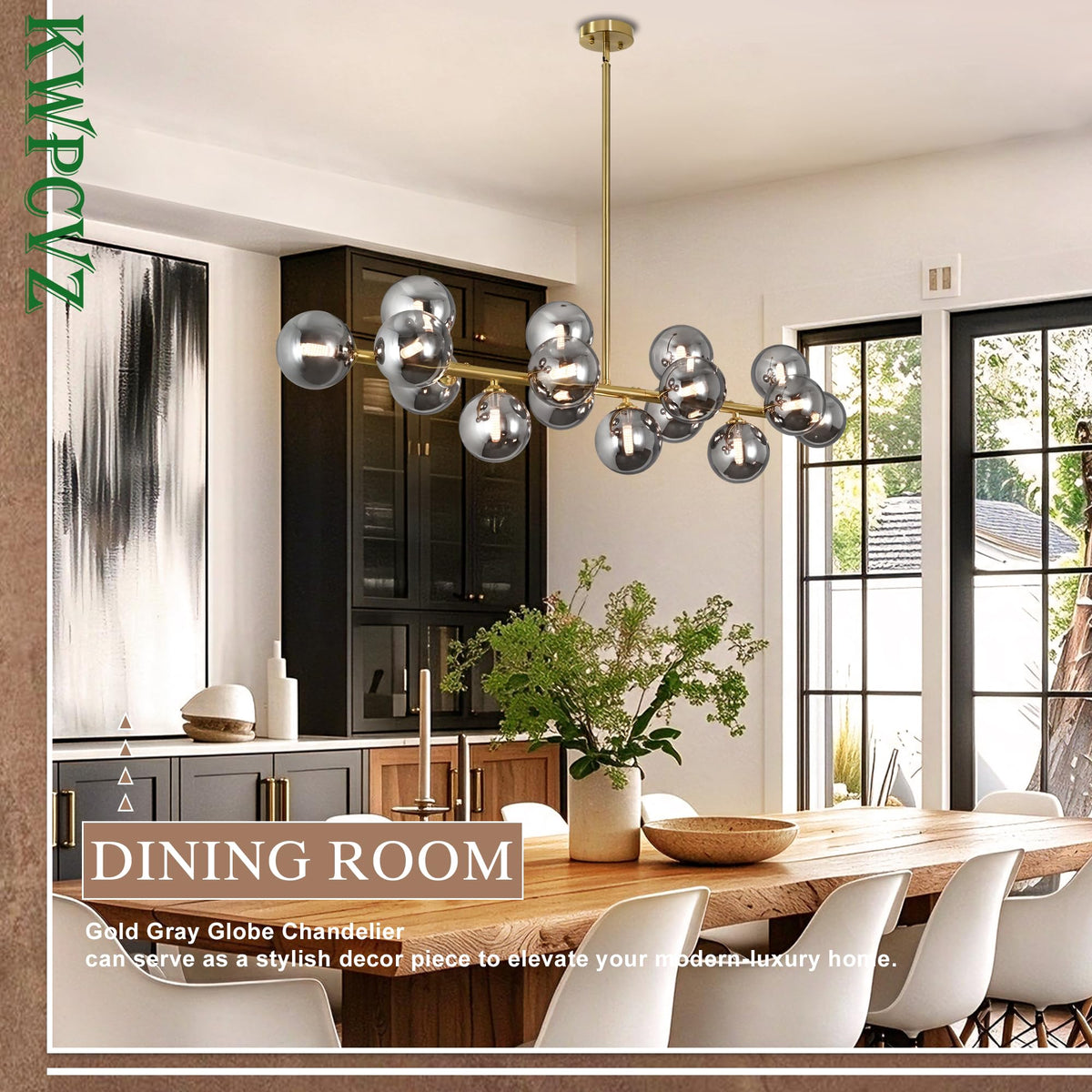 16 Lights Linear Chandeliers for Dining Room (Gold and Smoke Gray Shade / 55inch)