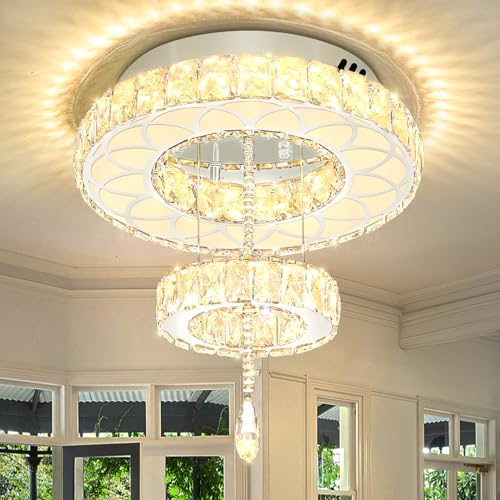 16inch Modern Mini Crystal Chandelier for Hallway LED Crystal Ring Chandeliers Dimmable Flush Mount Ceiling Light for Dining Room Living Room Bedroom (Silver / W:16inches)