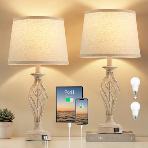 Table Lamp for Bedroom Set of 2 with USB C+A Ports (Beige Base + Light Oat Color Shade)