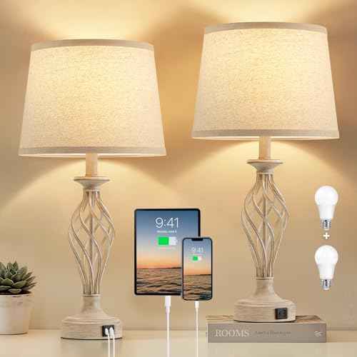 Table Lamp for Bedroom Set of 2 with USB C+A Ports (Beige Base + Light Oat Color Shade)