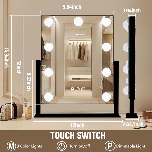 Portable Travel Makeup Mirror with Lights (Black / 12"L x 14"W)