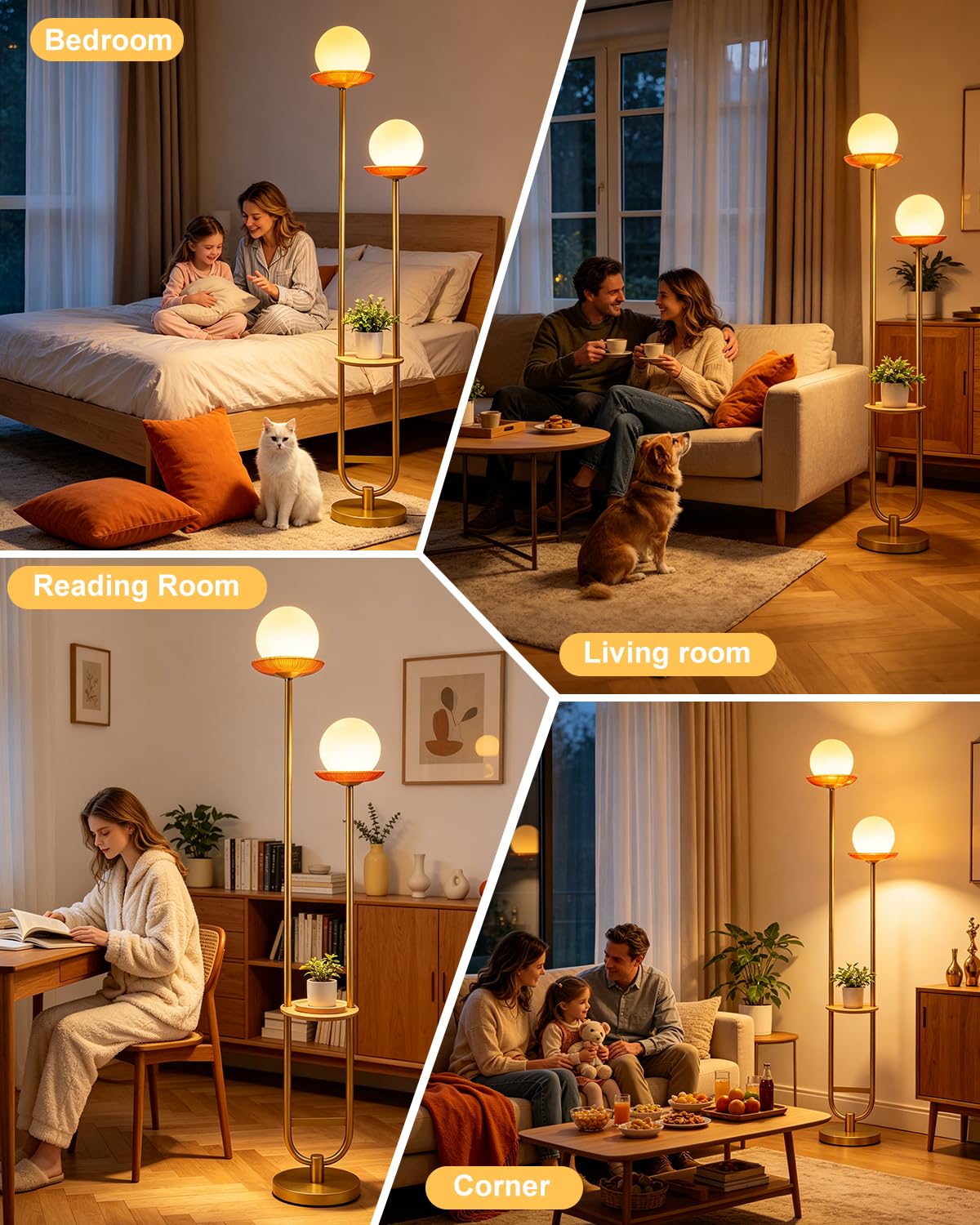 2 Globe Floor Lamp with Red Glass Tray Gold Dimmable Tall Lamp (Red-2U Gold)