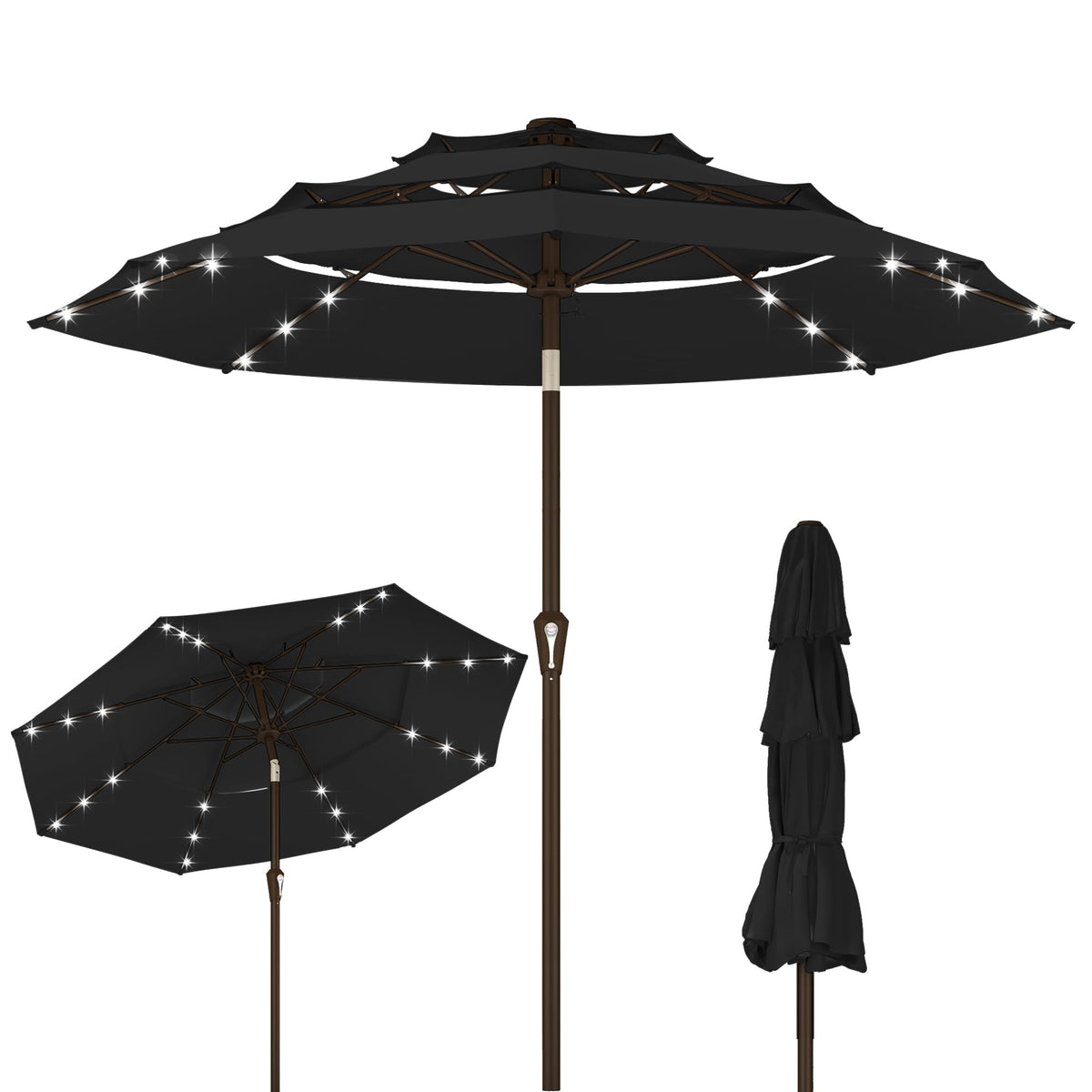 9ft 3 Tier Patio Umbrella with Solar Lights (Black / 9 FT)