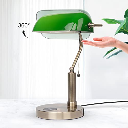 Green Glass Bankers Desk Lamp USB Wireless Charging Port LED Table Lamp Classic Retro Pull Chain Switch Reading Lamp for Home Office Workplace Library Piano (Green(Wireless charger))