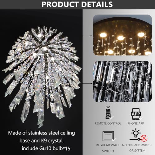 D40'' x H120'' Crystal Chandelier High Ceiling Chandeliers for Entryway Large Raindrop Chandeliers LED Dimmable Flush Mount Light Fixtures for Staircaes Foyer Hallway Living Room Bulbs Included Black (D40" x H120" Black)
