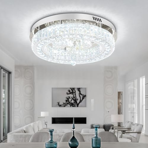 20'' Silver Modern Crystal Chandelier LED Dimmable Flush Mount Crystal Ceiling Light for Living Room Bedroom Dining Room (20in Silver)