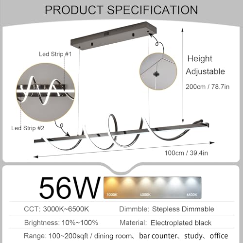 Black 39.73in Twist Dimmable LED Pendant Chandelier 3000K (Electroplated Black / 39.37in)