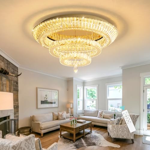 Modern Gold Crystal Chandelier LED Ceiling Light Fixture 60W Dimmable Chandeliers for Living Room Bedroom Foyer (Gold / W32"-Ring)