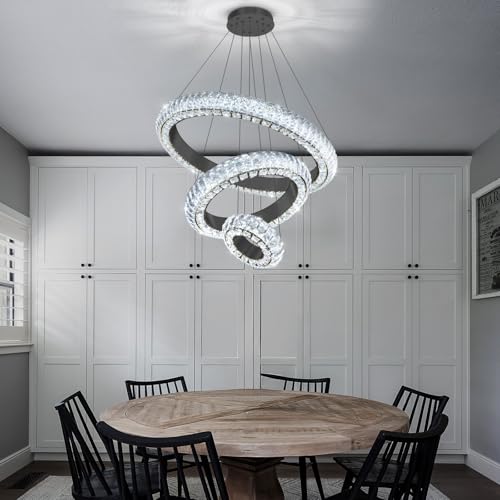 23.6" 3 Ring Crystal Chandelier Modern LED Dimmable Ring Pendant Light Round Chandelier for Dining Room Living Room Black (Black / 3 Ring Round 24")