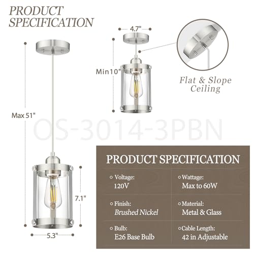 Brushed Nickel Pendant Lights Kitchen Islands (Nickel + Clear Glass / 1-Light Pendant, 3 Pack)