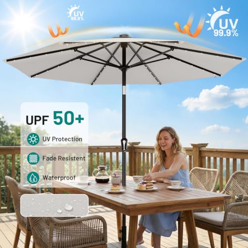 9FT Patio Umbrella with Solar Lights (Light Gray / 9 FT)