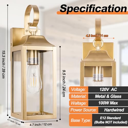 2 Pack Outdoor Light Fixtures Wall Mount 15 Inch Gold for House (15 Inch Ordinary / Gold)