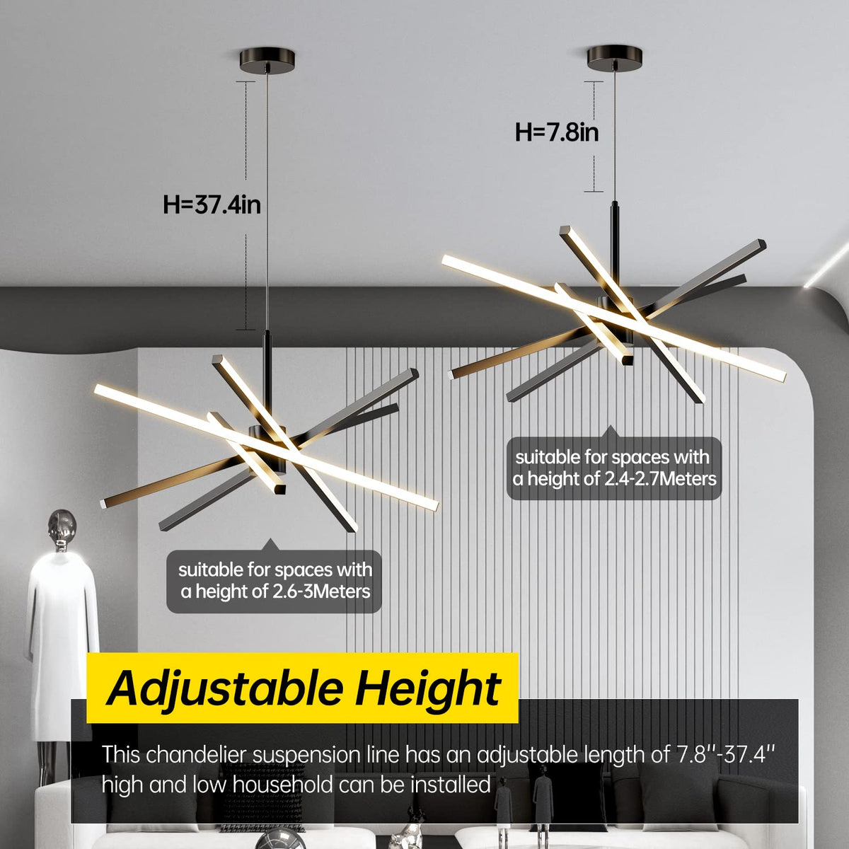 Modern Sputnik Chandelier Ceiling 82W LED Black Pendant Light Embedded Mount Chandeliers Dining Room Light Fixtures Over Table Dimmable with Remote Control for Living Room Kitchen Bedroom 31.5 inches (5-Lights Black)