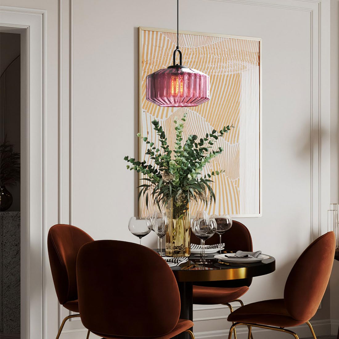 Mid Century Modern Pendant Light fixtures Glass Globe Pendant Lights with Hand Blown Purple Glass Shade Vintage Hanging Pendant Light for Dining Room Some Room Ceiling Hanging Light (Purple)