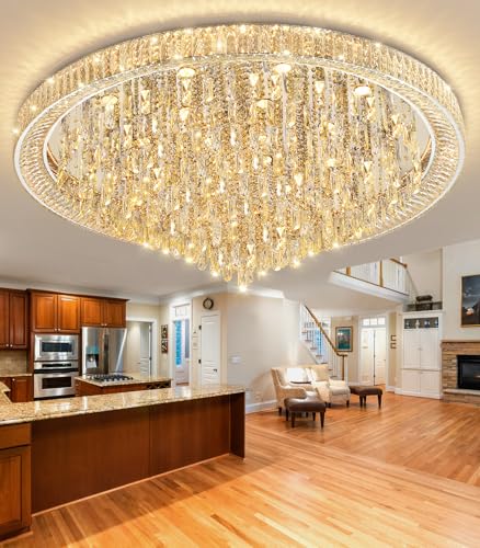 53.7" Modern Chandeliers LED Dimmable Crystal Flush Mount Ceiling Chandeliers for Living Room High Ceiling Entrance Foyer Lobby Bedroom Silver (Silver / 53.7" Width)