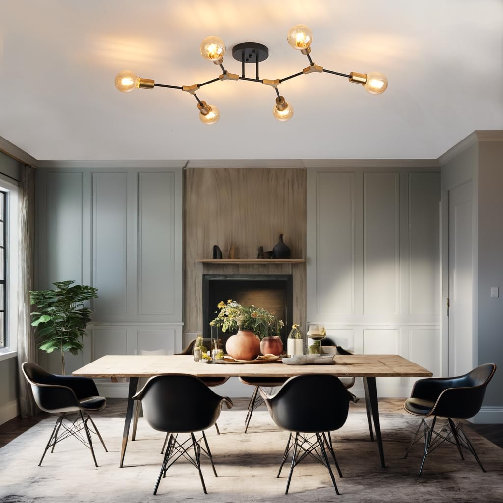 Mid Century Gold and Black Sputnik Semi Flush Mount Ceiling Light Fixture (Gold and black / 6 Light)
