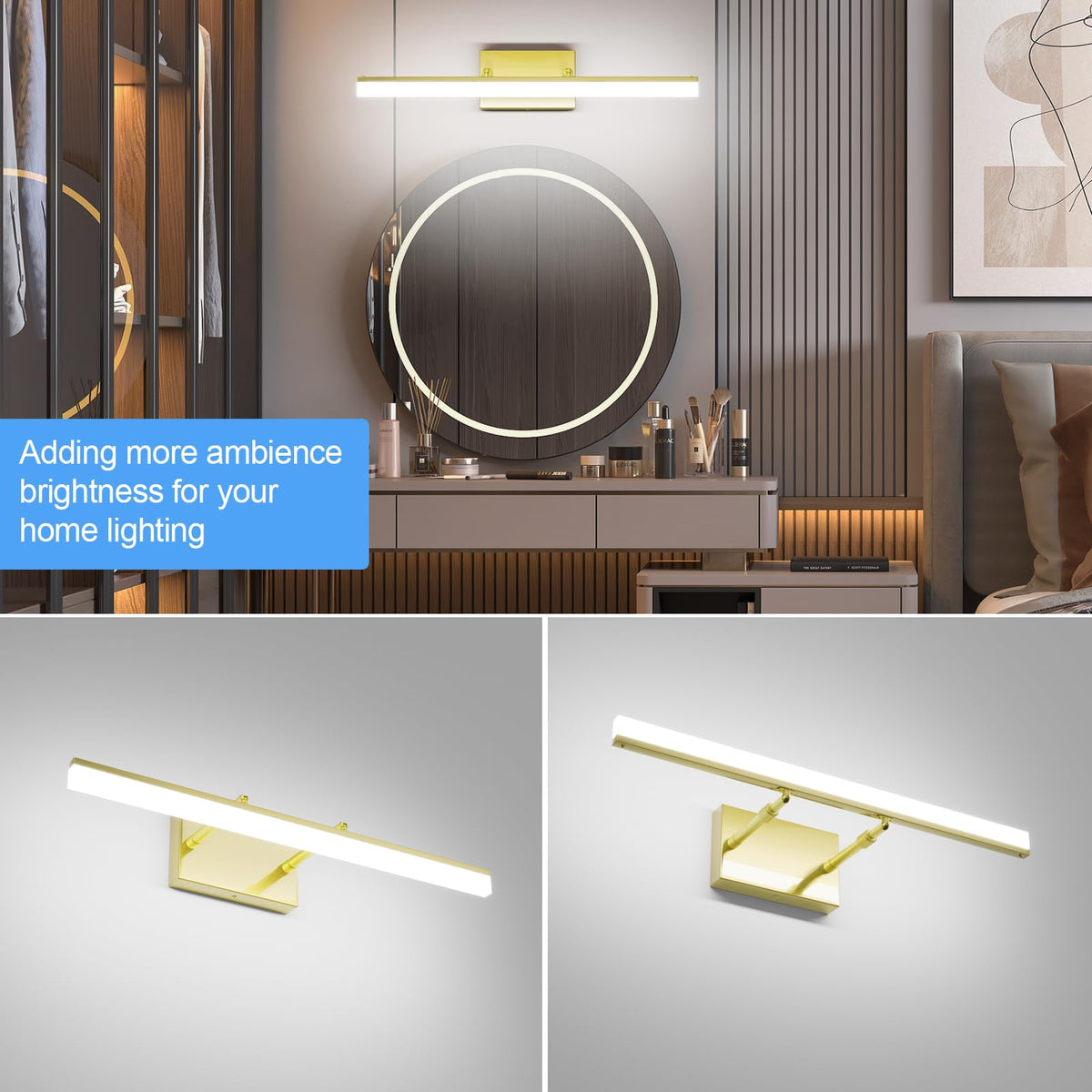 Bathroom Vanity Light Brushed Gold Modern LED Vanity Lighting Over Mirror 24inch Adjustable Gold Wall Light for Bathroom (Brushed Gold / 23.6 in)