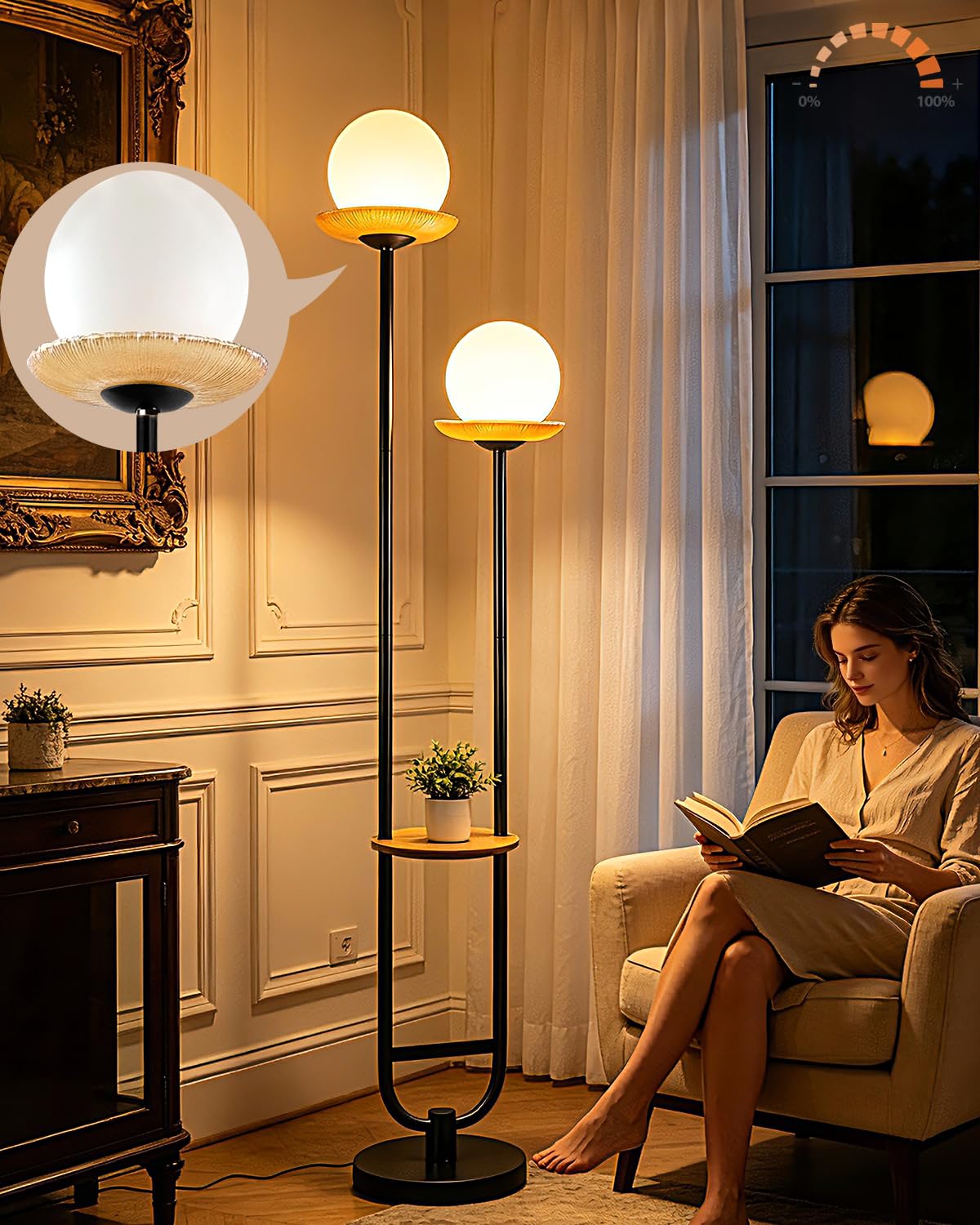 2 Globe Floor Lamp with Amber Glass Tray Black Dimmable Tall Lamp (Brown-2U Black)