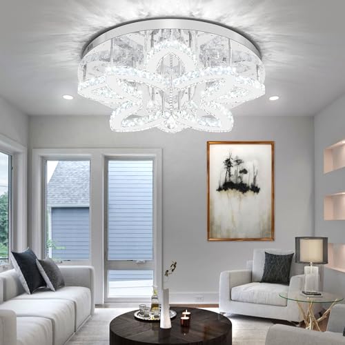 Dia 24" Modern Crystal Chandeliers Silver Chandelier LED Flush Mount Ceiling Light for Living Room Dining Room Bedroom Foyer Entryway LED Dimmable 2700 (Silver / Dia 24")