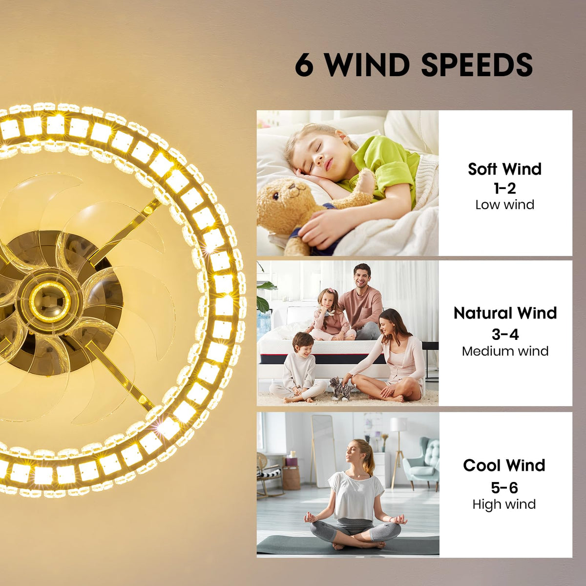 Crystal Ceiling Fan With Lights (Gold - 20.5 Inch)