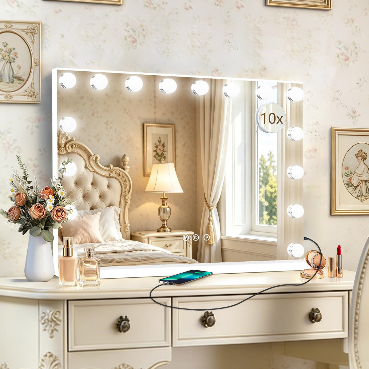 26" x 20" Hollywood Vanity Mirror with Lights (White / 26"L x 20"W)