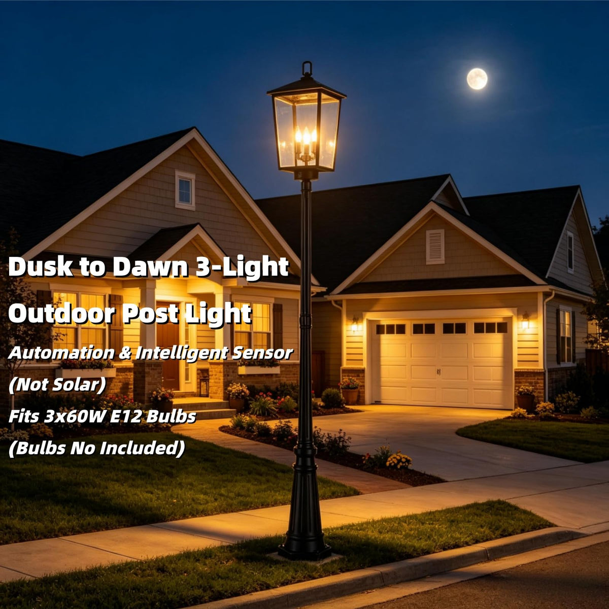 92"Dusk to Dawn Outdoor Post Light (Black (3-Light with Dusk to Dawn Sensor))