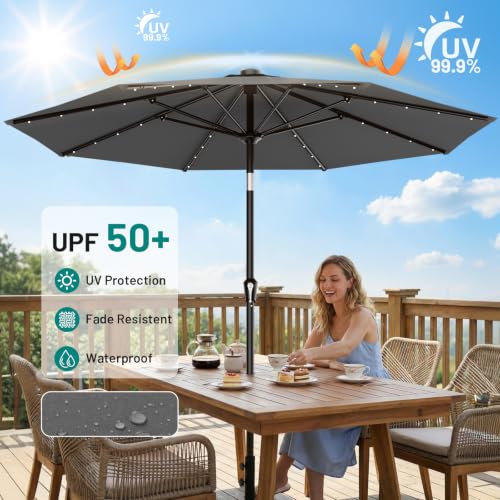 9FT Patio Umbrella with Solar Lights (Gray / 9 FT)