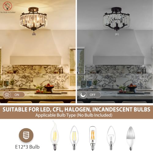 Crystal Black Chandeliers Modern Farmhouse Small Chandelier 12.2 Inch 3 (055-Black)