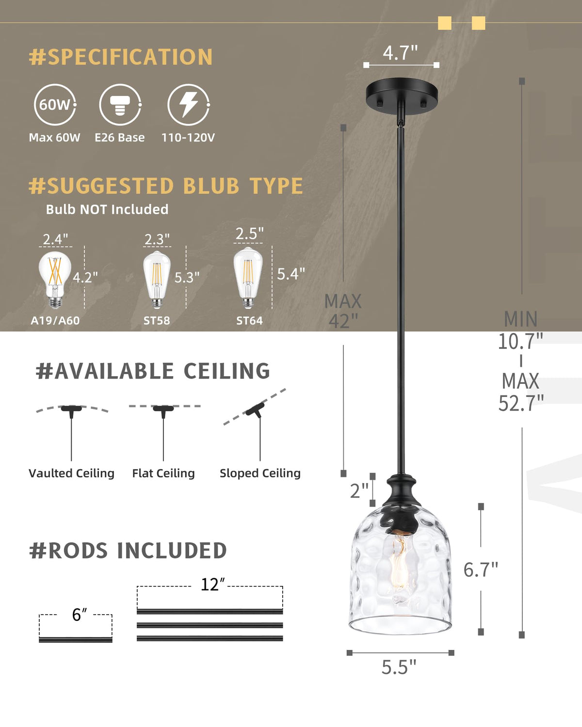 Modern Black Hammered Glass Pendant Lights Kitchen Island (1 Pack-Matte Black+Hammered Glass(Easy to install))