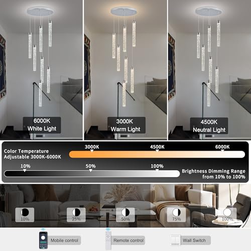 7 Lights High Ceiling Crystal Staircase Chandelier Chrome Pendant Lights Modern Spiral Raindrop Dimmable LED Bubble Cluster Ceiling Hanging Lighting Fixture for Foyer Living Room Remote Control (Chrome / 7 lights)