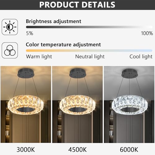 8" Ring Modern LED Dimmable Crystal Chandelier Adjustable Height Pendant Light Round Crystal Chandelier Light Fixtures for Dining Room Living Room Kitchen Island Black (Black / 1 Ring Round 8")