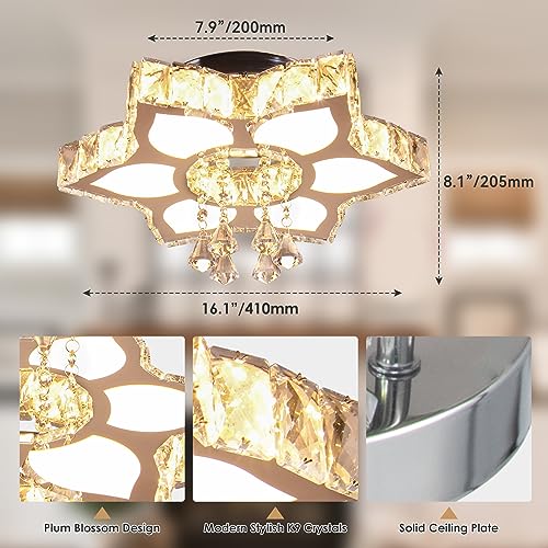Chandelier LED Crystal Ceiling Light 16.1 Dimmable Flower Shape Chandelier Modern Ceiling Light Fixture Flush Mount Ceiling Light for Living Room Dining Room Bedroom (16.1-Dimmable)