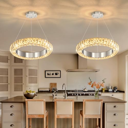 16" Ring Modern LED Dimmable Crystal Chandelier Adjustable Height Pendant Light Round Crystal Chandelier Light Fixtures for Dining Room Living Room Kitchen Island Silver (Silver / 1 Ring Round 16")