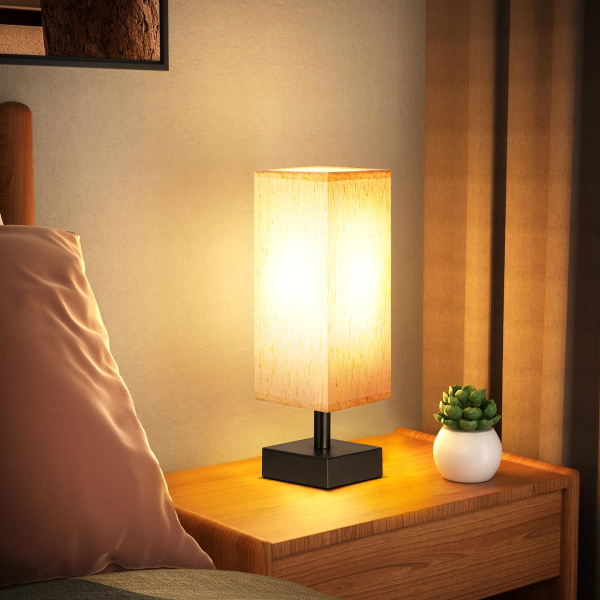 Small Bedside Table Lamp for Bedroom (Cream & Black / 12.8in)