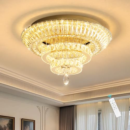 Gold Crystal Chandelier for Dining Room Modern Ceiling Light Fixture 45W Dimmable LED Chandeliers for Living Room Bedroom (Gold / W24"-Ring)