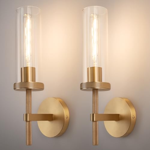 15" Knurled‑Craft Hardwired Brass Wall Sconce (Brass-Clear Tube / 15″-2 Pack)