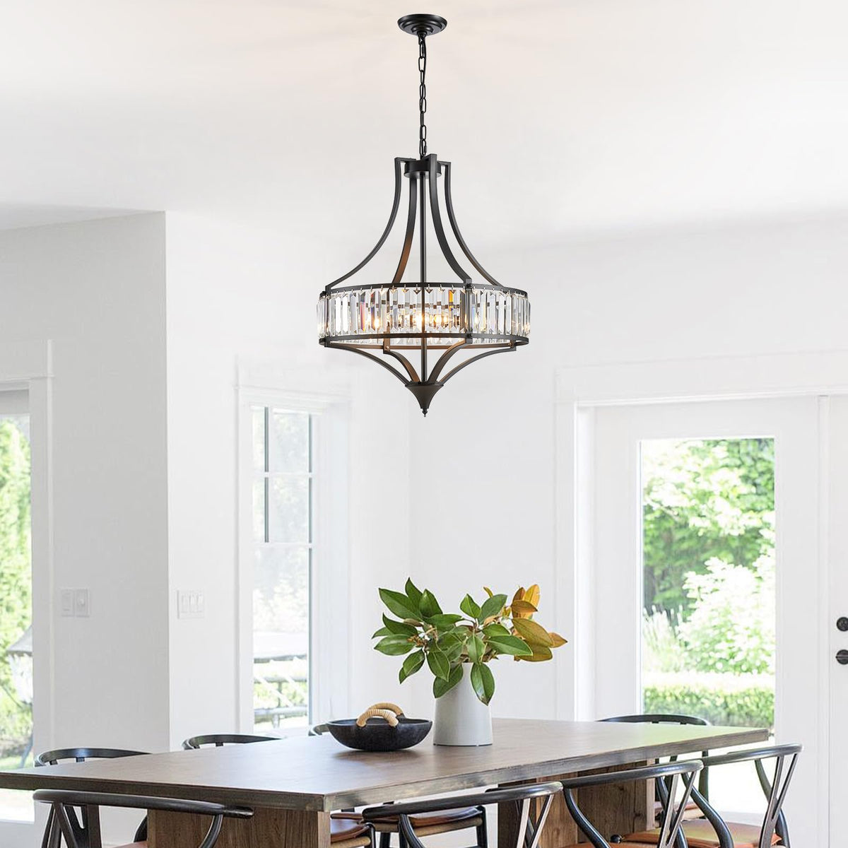 Crystal Chandeliers for Dining Room Rustic Farmhouse Chandelier with Round Metal Shade 6 (21.6"-Black)