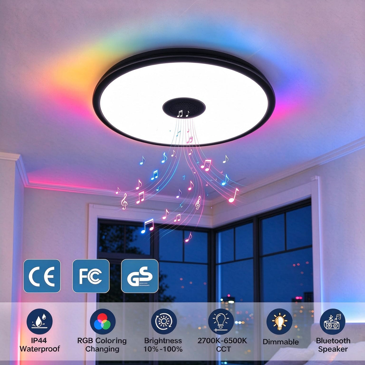 Black Waterproof LED Flush Mount Ceiling Light Fixture (Black-Dimming Function+Bluetooth / 11-inch)